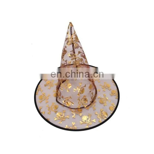 Halloween party adult female black veil witch hat gold design