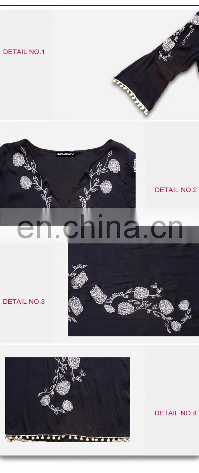 Long Flare Sleeve Contrast Embroidery Ladies Tunic Blouse With Ponpon