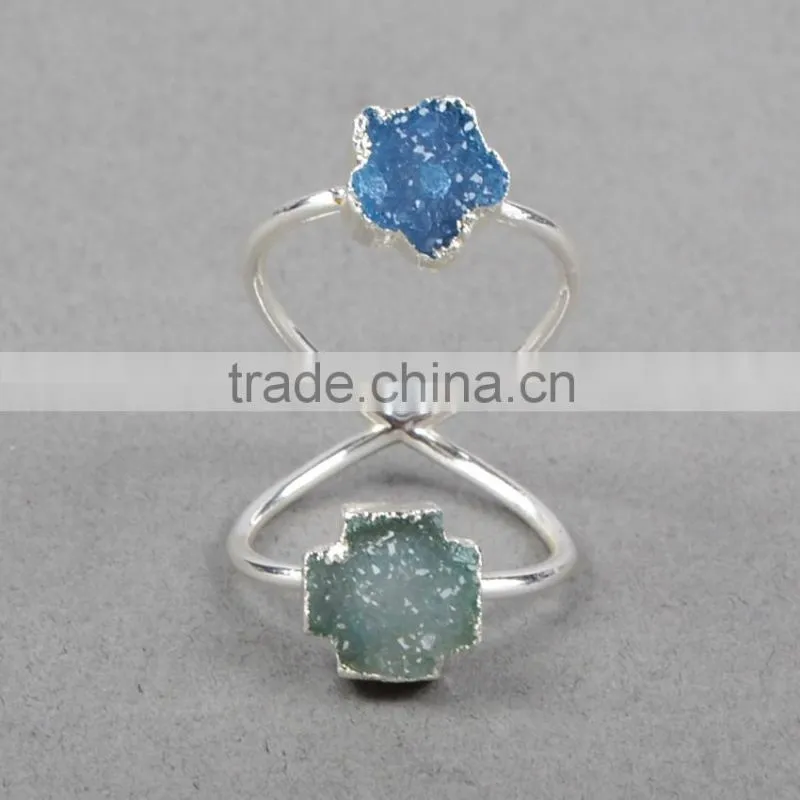 Druzy wrapped authintic stone full finger ring in sterling silver gems ring