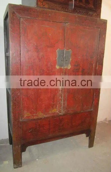 antique Chinese large red distressed wardrobe cabinet