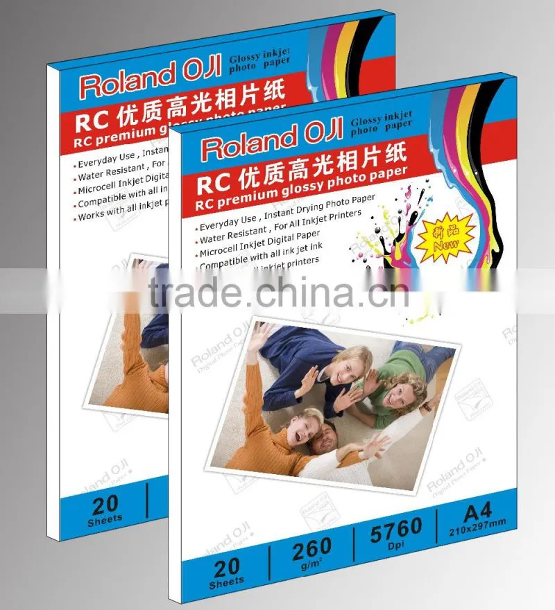 from China 260gsm Roland Oji A4 preminum high glossy RC photo paper 20 sheets/pack