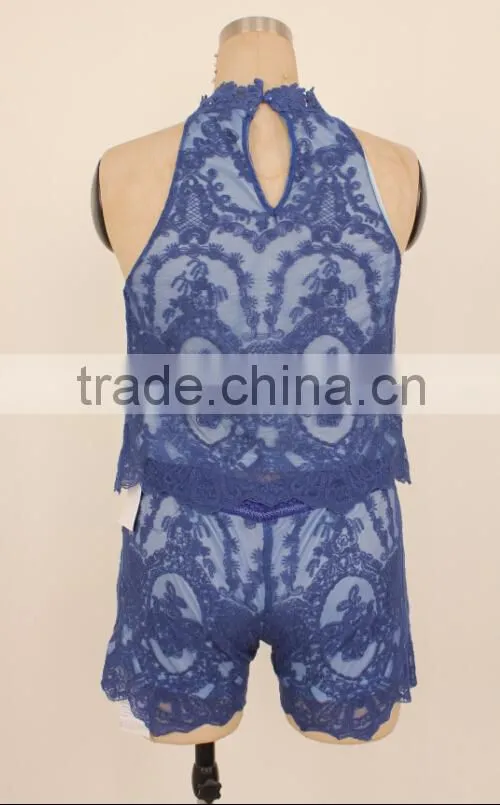 2016 pre-sale fashion lace short pants and sleeveless neck designs for ladies suit
