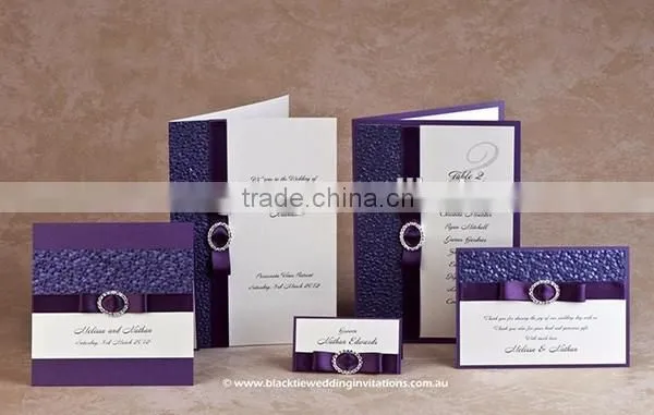 2016 newmengxing elegant and vintage purple color embosing wedding invitation card, purple ribbon