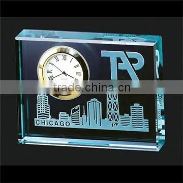 Rectangle building engraved crystal mini table business clock for office gift set desktop decoration gift
