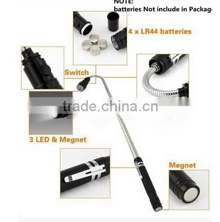 A-OK Factory Wholesale Used Flexible Pick up 3 led Flashlight with Telescoping Magnet