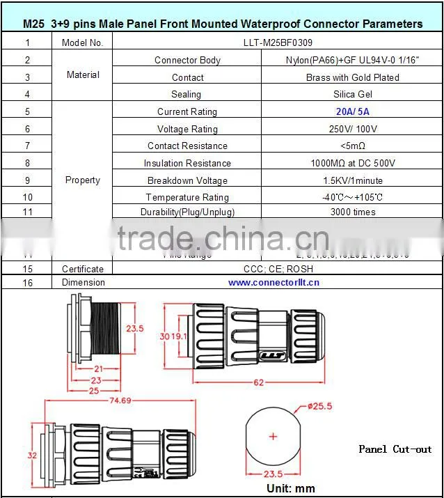 3 male 9 female pins front panel mount waterproof connector