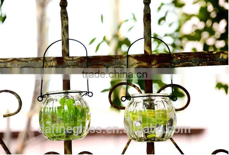 Pumpkin Shape Glass Vase Bottle for plant With Metal Handle Candle Hydroponic/Home Decoration