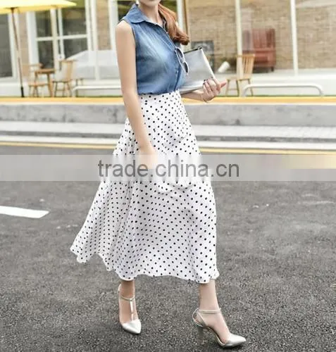 Stylish Lady Women Sweet Medium Elastic Waist Dot Chiffon Mild-calf Casual Pleated Skirt