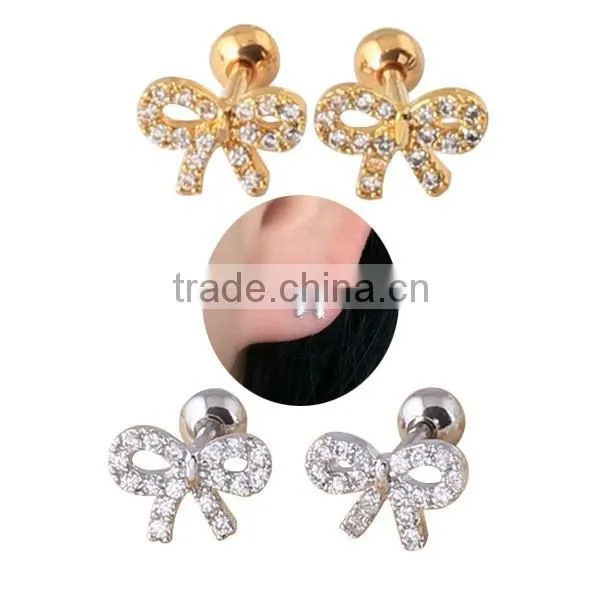 Surgical steel plate technolog bowknot jewelry tragus piercing cartilage earrings plugs initial fashion earring stud