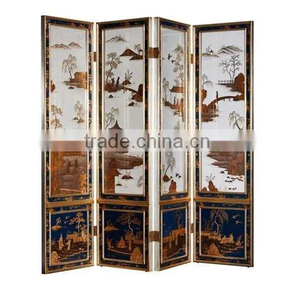 Elegant Gold Painted Wooden Floor Screen, Flower & Bird Design Decorative Curio Four Panel Folding Screen