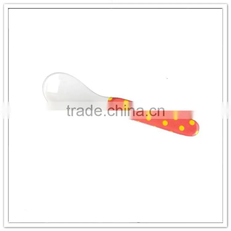 Top sale professional factory directly promotional food serving 13.8cm polka dot print plastic kids spoon, melamine baby cutlery