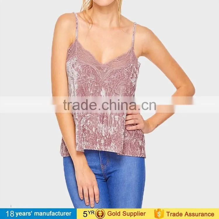 2017 Latest sexy sleeveless V Neck spaghetti strap summer wear design Velvet Camisole tops blouse for women