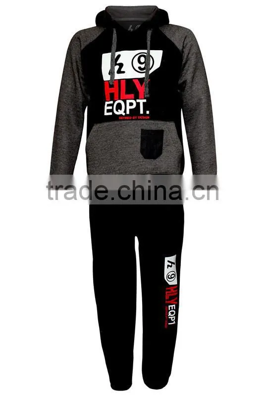 Mens Fleece Print Detailed Hooded Top Bottom Warm Up Jogging Tracksuit
