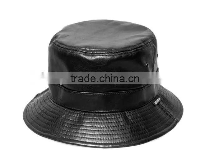 Woven Label Wholesale Cheap Custom Blank Black Leather Bucket hat