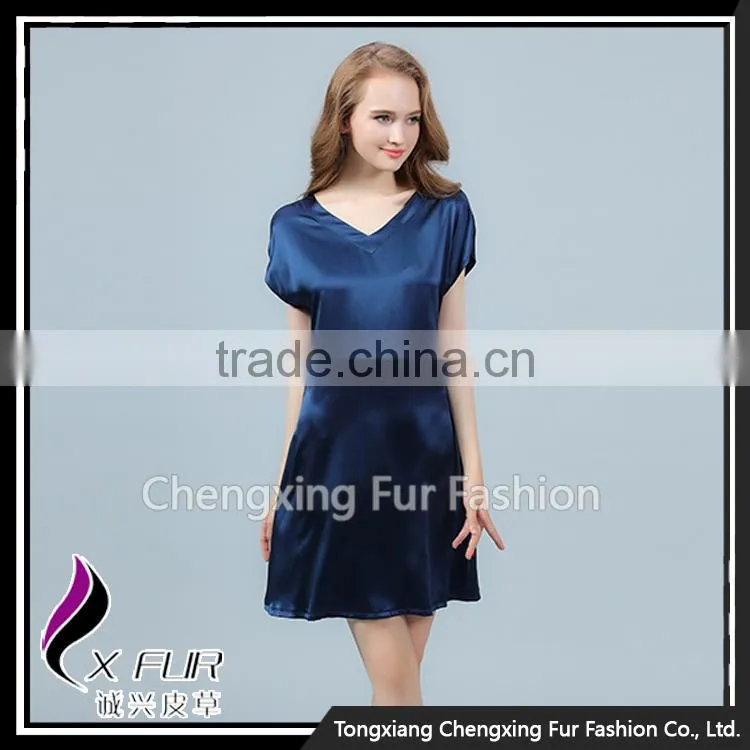 CXVLYQO1 Luxury Women's Pure Silk Skirt Night SNavy Blue Short Sleeve V-neck Pajamas