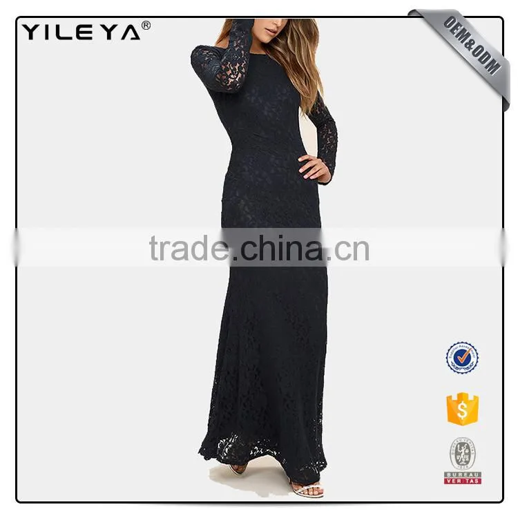 Guangzhou factory offer long sleeve sexy black elegant women's crochet lace dress 2017 designs ,women lace long evening dress