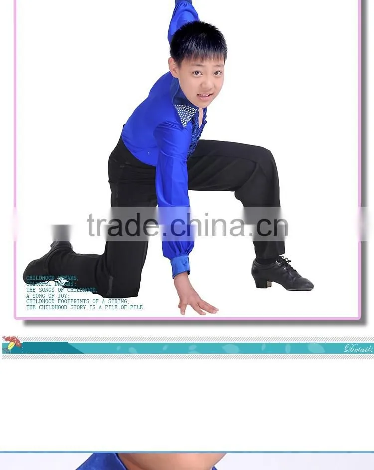 Boys Rhinstone Collar Stage Competition Clothes Kids Long Sleeve Latin Cha-Cha Dance Shirts Leotard
