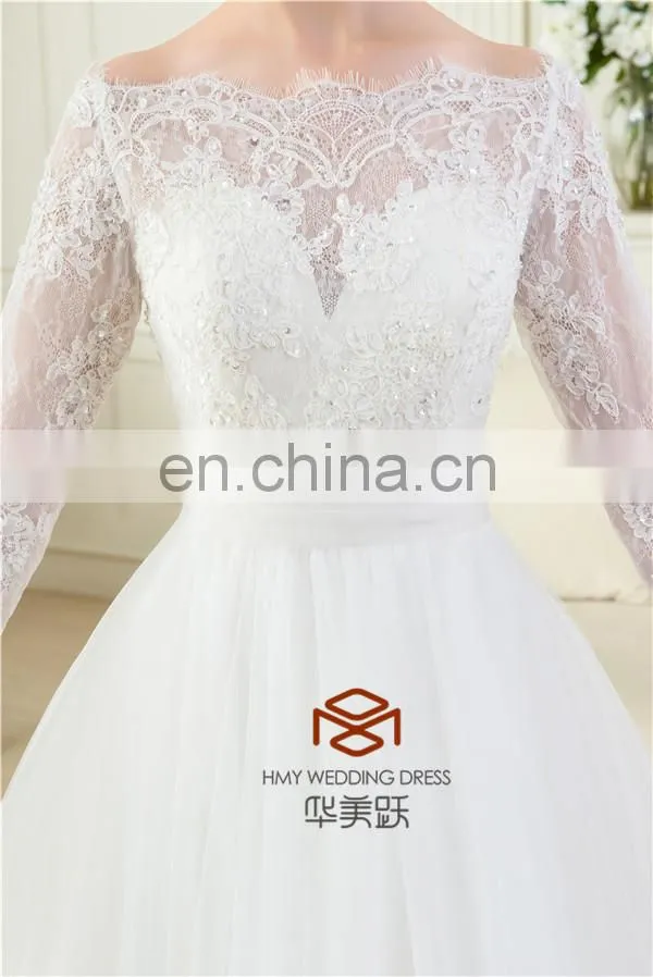 OEM Supply Muslim Long Sleeve Real Pictures Wedding Gown HMY-RP001 New Arrivals White Lace Appliques A Line 2015 Wedding Dress