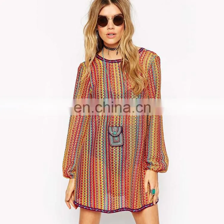 New arrival cut out back long sleeve stripe print vintage retro dress