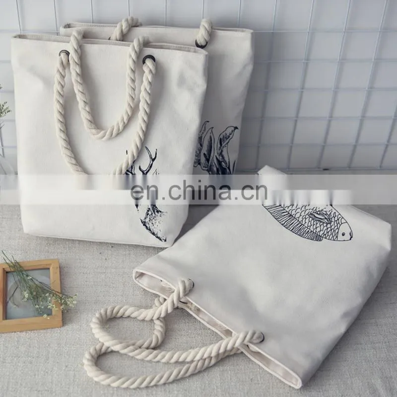 Shopping Cotton Canvas Women Animal Prints Tote Handbag with Zipper