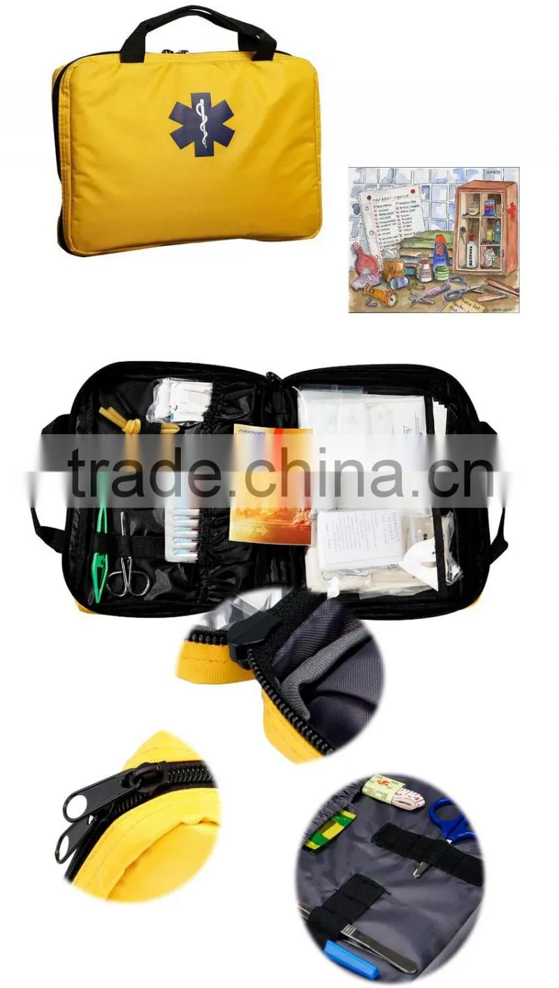 First aid emergency kit with home for wound dressings