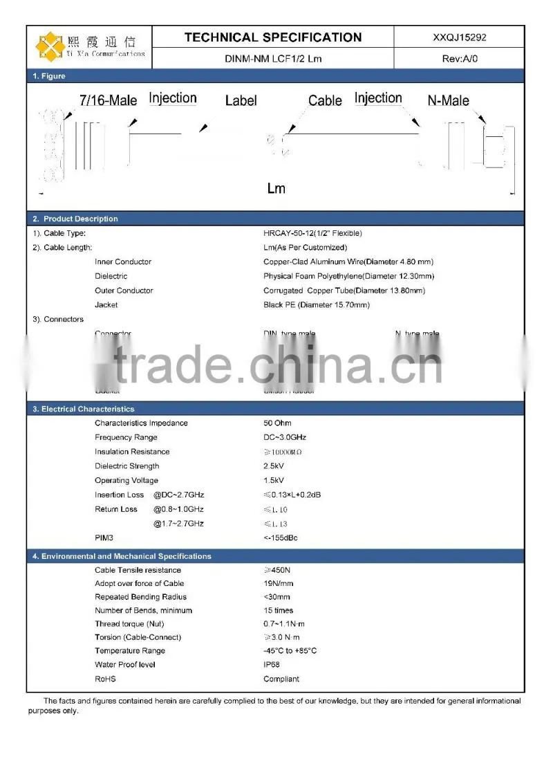 Din Male to N Male jumper cable 1/2'' flexible coaxial cable, RF connection component used in base station for telecommunication