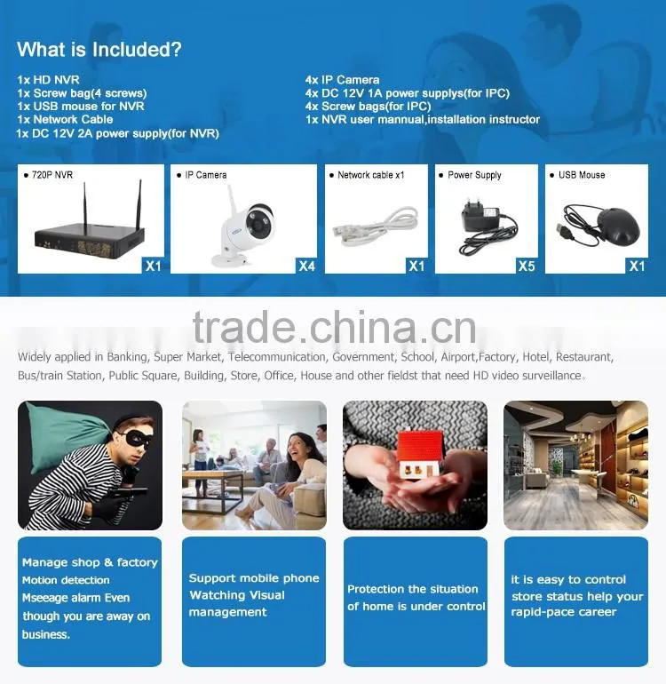 4channel 720P 1MP night vision IR led infrared security camera system wireless camera nvr kit