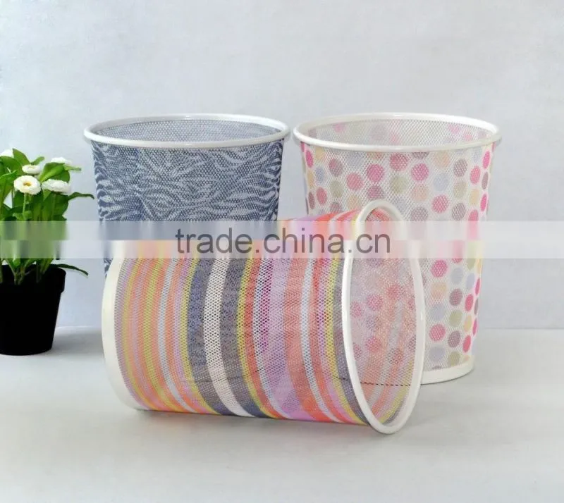 Office Stationery Metal Mesh Round waste bin colorful printed pattern Trash Can
