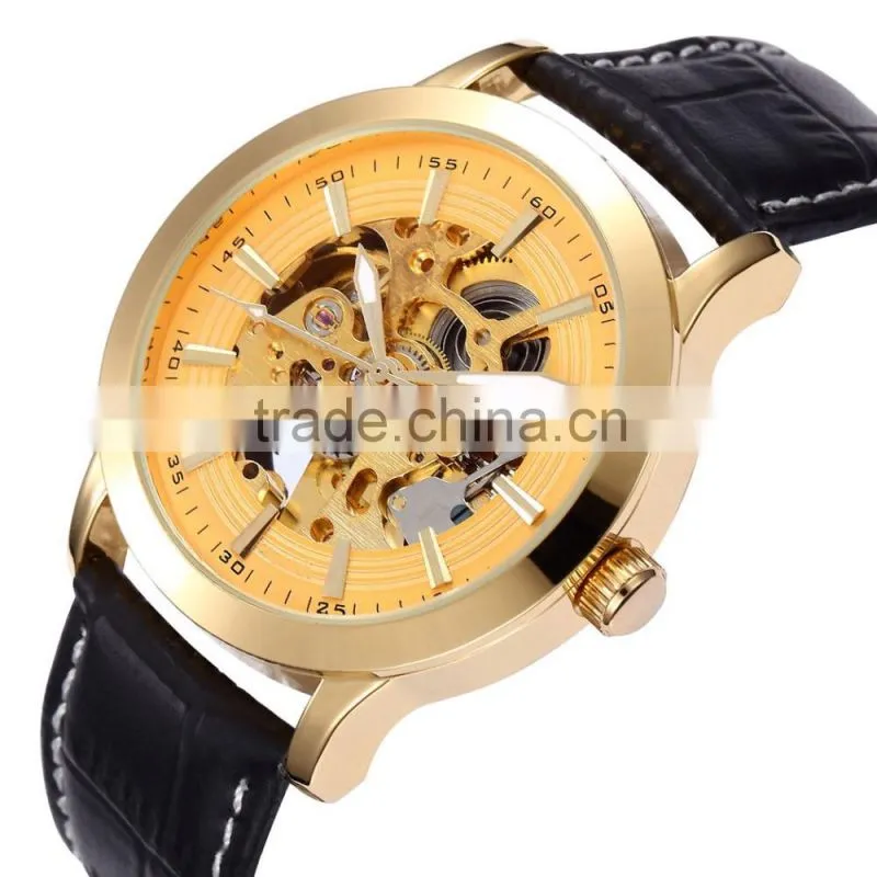 Transparent Automatic watch Men's black Leather Band Mechanical Wrist Watch gold stainless steel quartz watch