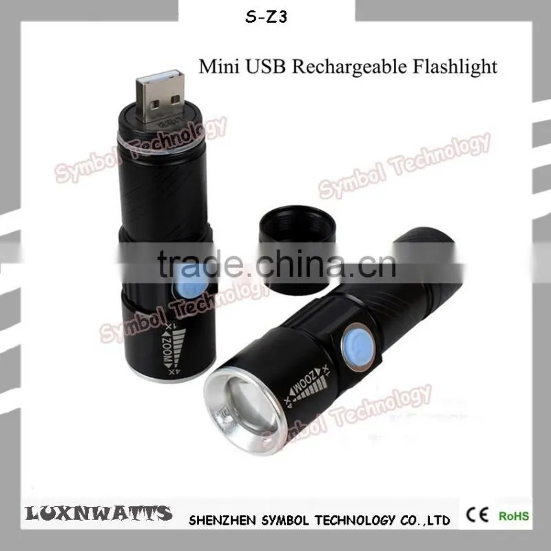 Zoomable 3 light mode portable rechargeable USB charging led flashlight