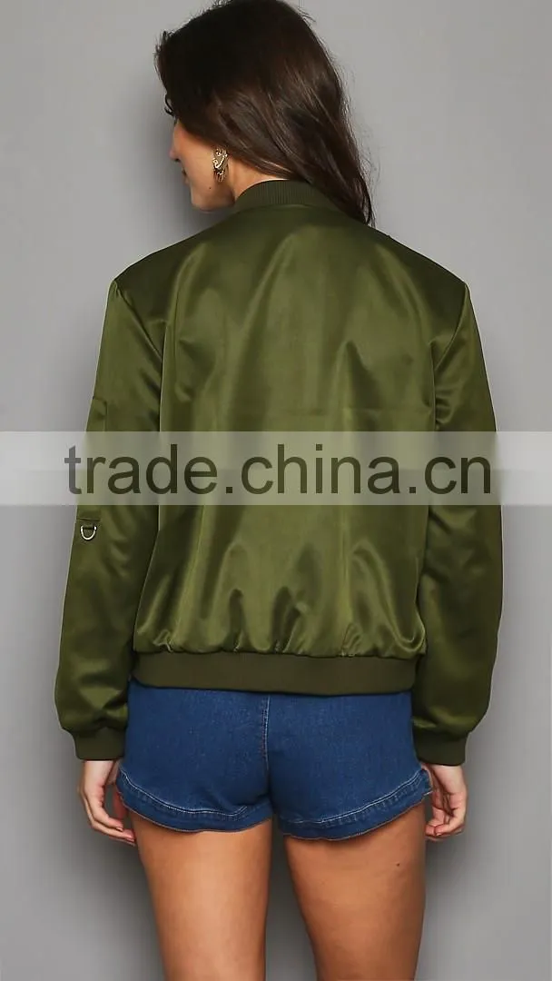 New custom ladies satin bomber jackets wholesale olive satin jacket manufacturer
