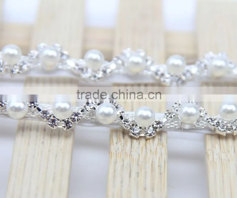 Newborn baby Rhinestone pearls elastic headband hair accessories / glitter crystal diamond ribbon silk jewelry on sale