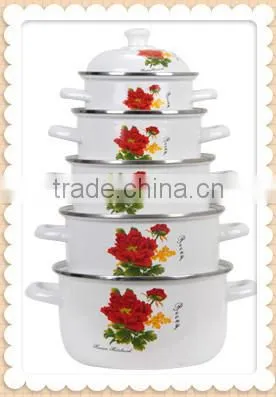 Delicate White Enamel Cookware Set Two Side Flower Decal Enamel Pot 5 Pcs Stock Belly Pot With Lid