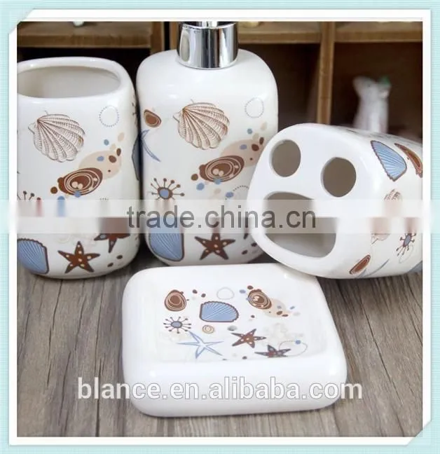 mediterranean style ceramic 4 pieces of bathroom accessories set with marine life design