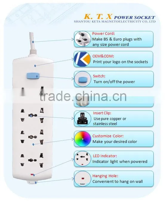 8 Way Multiple Electrical Power Strip Socket With Switch