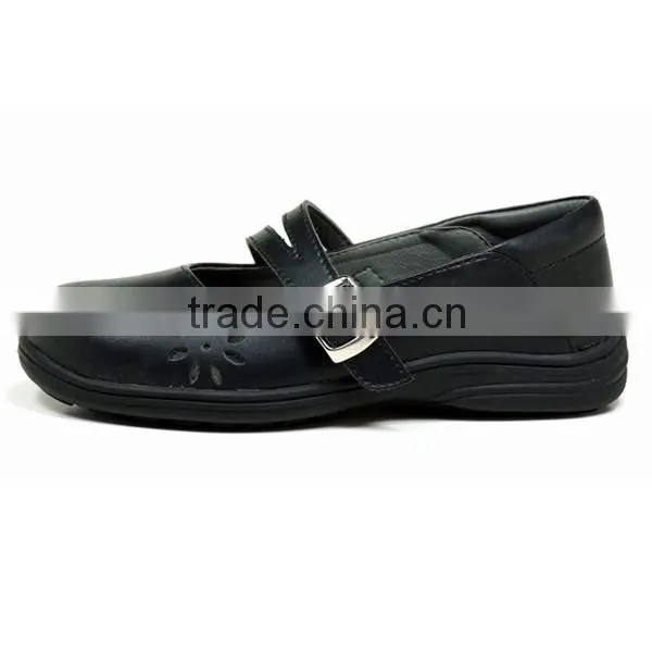 Customized Girls Black Microfiber Leather Students School Shoes with Buckle Strap
