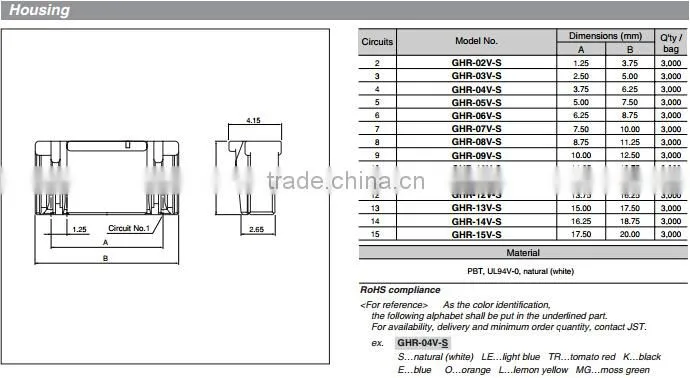 JST 1.25mm pitch GH series JST 7 pin GHR-07V-S housing wire to board crimp connector