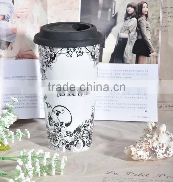 Double Wall Ceramic Travel Mug with Silicone Lid,ceramic double wall promotional travel mug with silicon lid