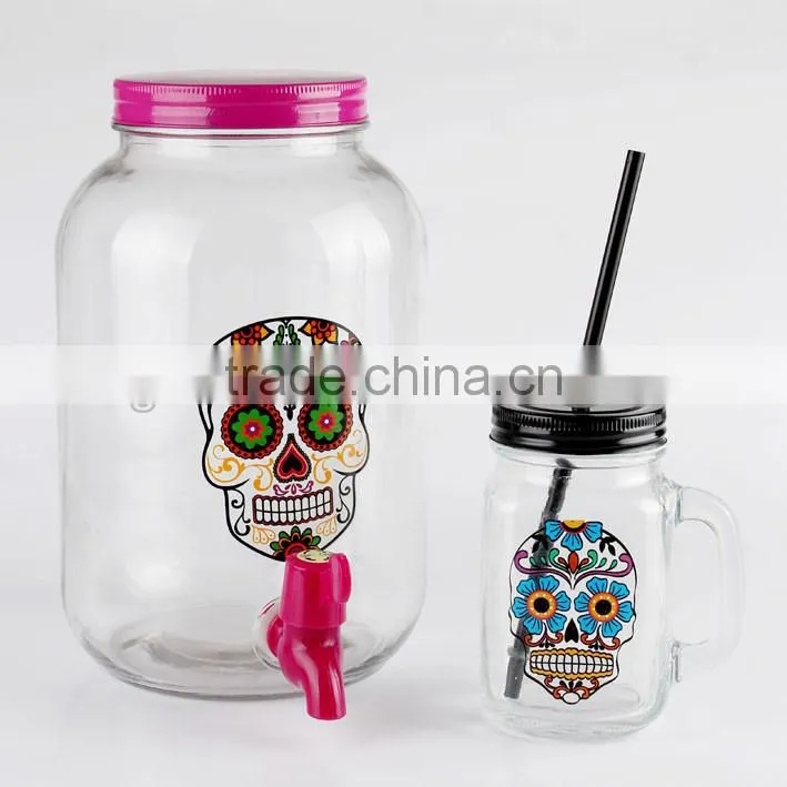 3L Happy Halloween Skull Glass beverage dispenser and mason jar