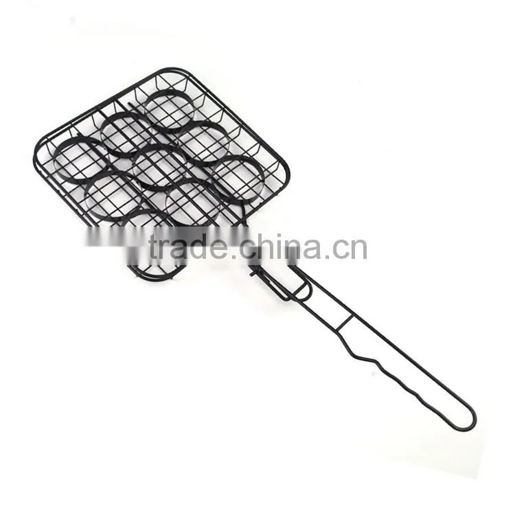 Non-stick coated mental wire grill basket for barbecue with wooden handle