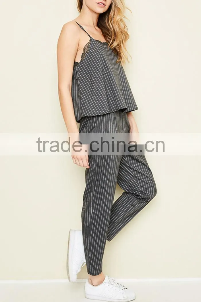 WOMEN JUMPSUIT FASHION NEW DESIGN PINSTRIPE WOVEN JUMPSUIT WITH LAYERED CAMISOLE TOP