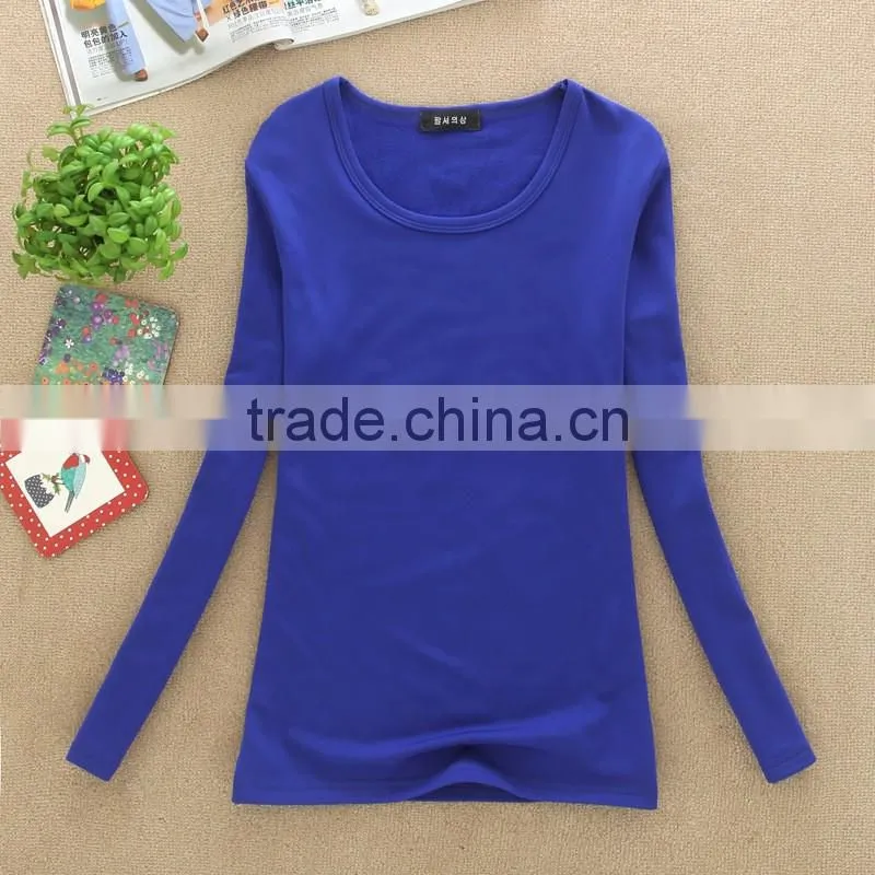 Lady fashion 100%cotton top plain women long sleeve t shirt