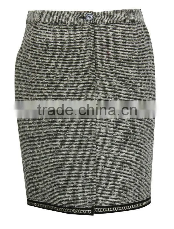 fashion clothing manufacturer yarn dyed tight fitting hem beaded center back vent buttoned back girls sexy short skirt
