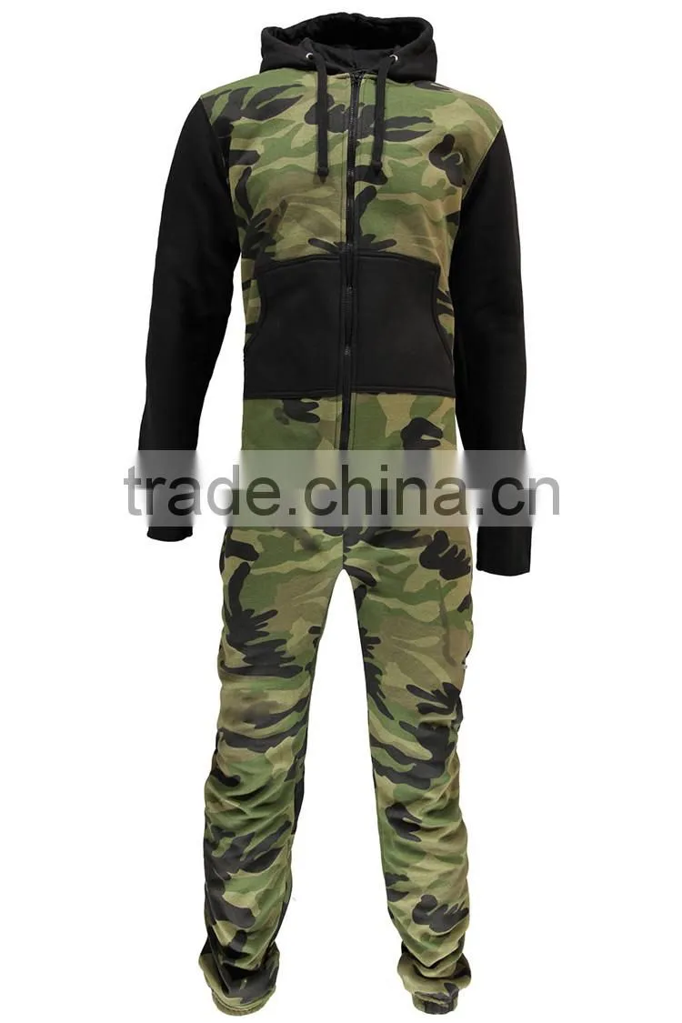 PA0019A wholesale camo printed adult onesie with black sleeves and pocket