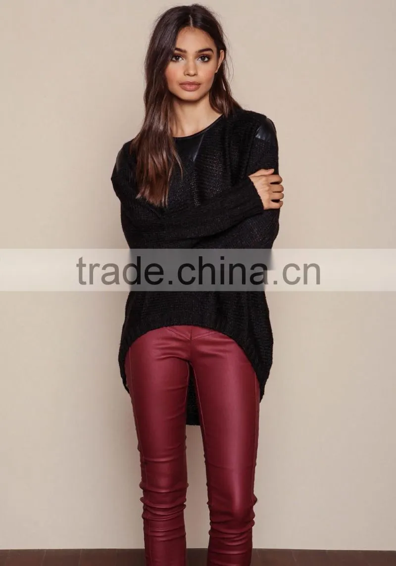 MGOO Brand Sweaters Pullover Model Black Leathertte Sweaters Knit Hi Low Fashion Clothing Urban