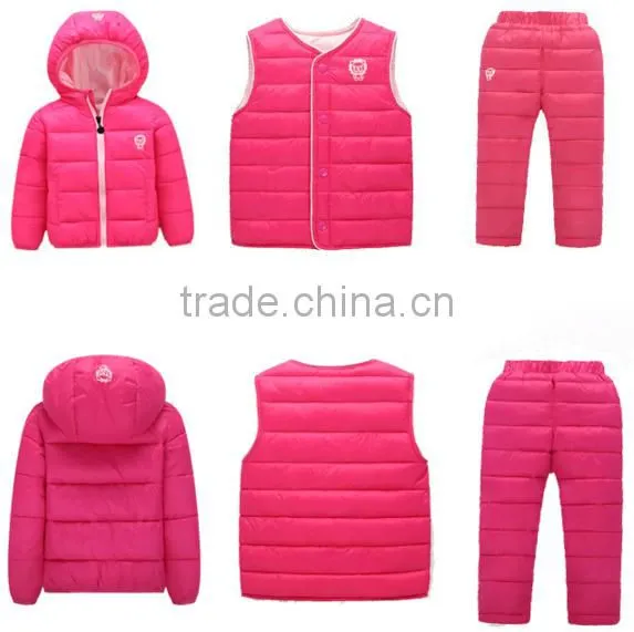 custom made new design casual children kids 3 pcs winter clothing sets(jacket+vest+pants)