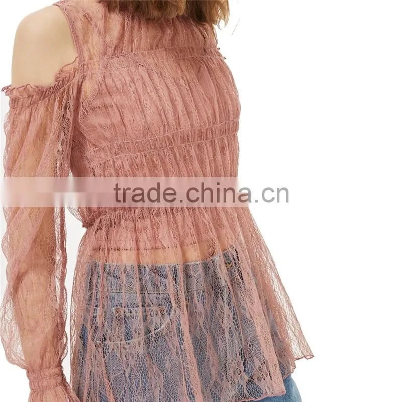 2017 OEM Spring Romantic Pink Lace Frill Strapless Women's Blouses