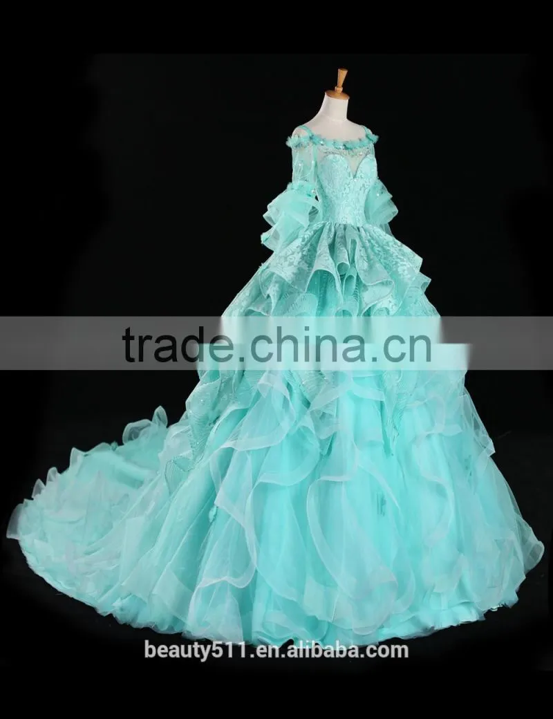 estido De Novia 2018 Luxury Blue Wedding Dress with Flowers Through Back Bridal Gowns Robe Mariage Cap Sleeve Wedding Dress F143