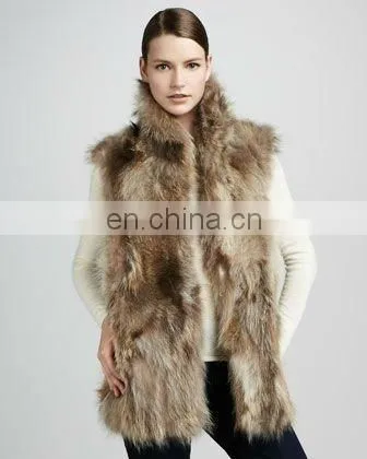 2015 women fashion Long Raccoon Dog Fur Vest, Natural