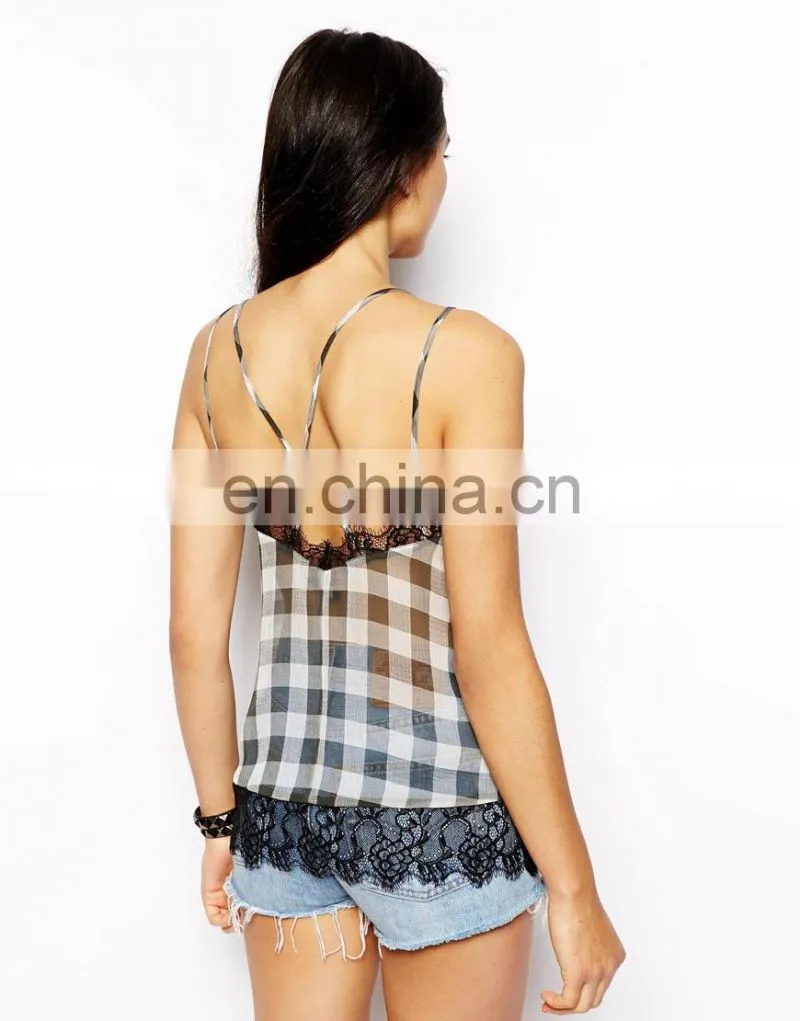 Lace Trim Cami Top in Gingham Print/womens top plus sizes/clothing desgin for women wholesale model-cp387